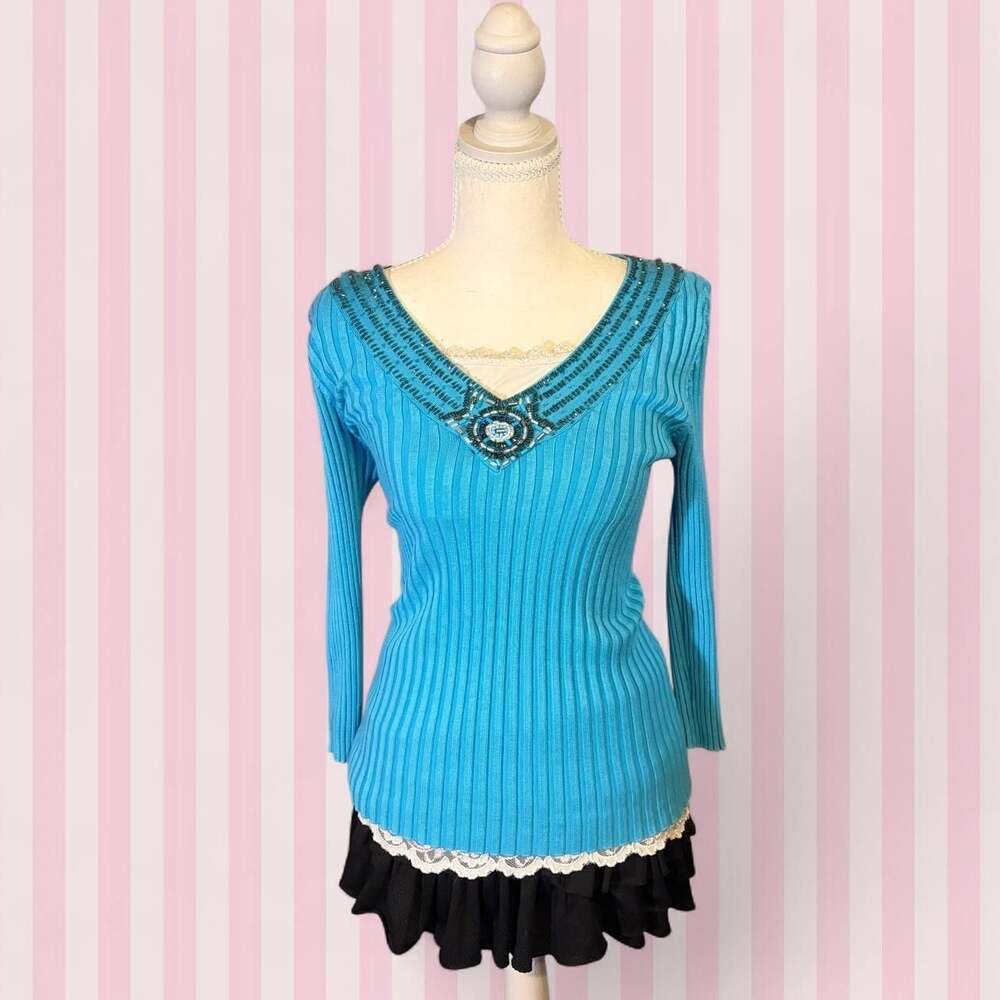 Belladini Blue Ribbed Knit Beaded V-Neck Sweater